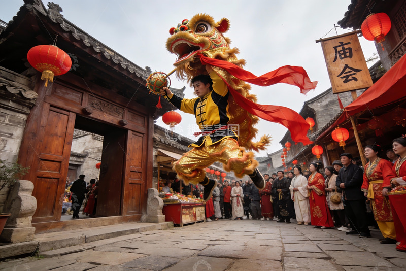 高清大图下载【趣麦麦图】古街舞狮表演热闹非凡