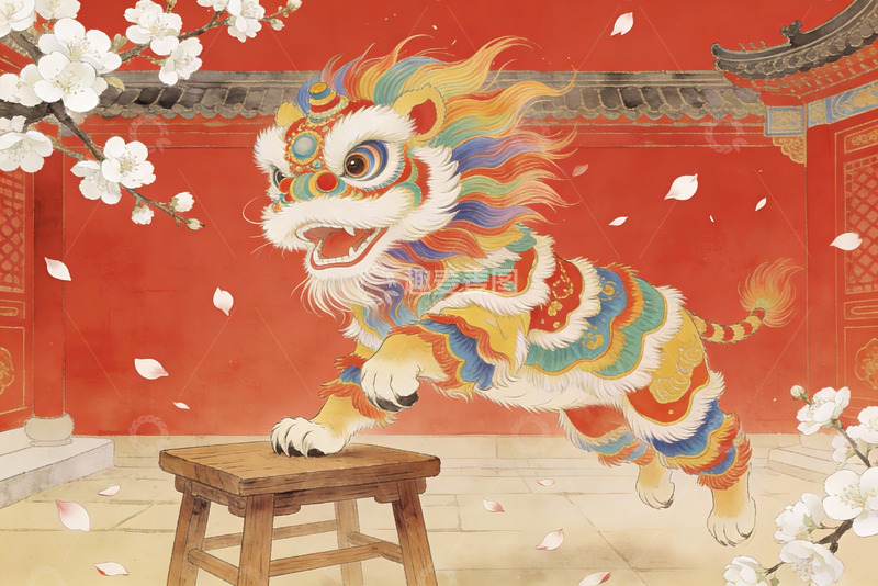 高清大图下载【趣麦麦图】色彩斑斓舞狮跃凳迎春