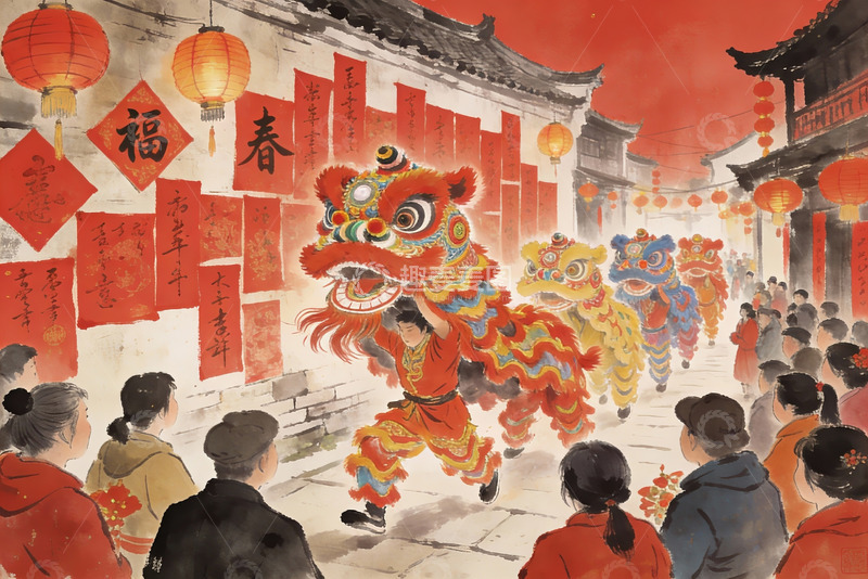 高清大图下载【趣麦麦图】春节舞狮热闹街景