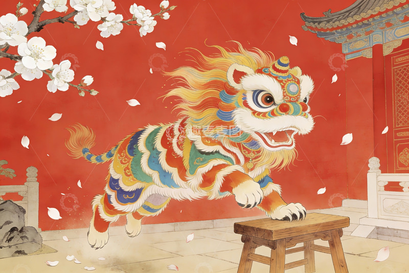 高清大图下载【趣麦麦图】中国传统舞狮跃凳迎春图