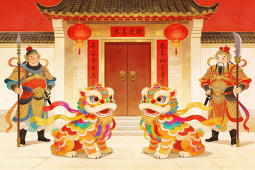 中国传统舞狮与门神守护场景
