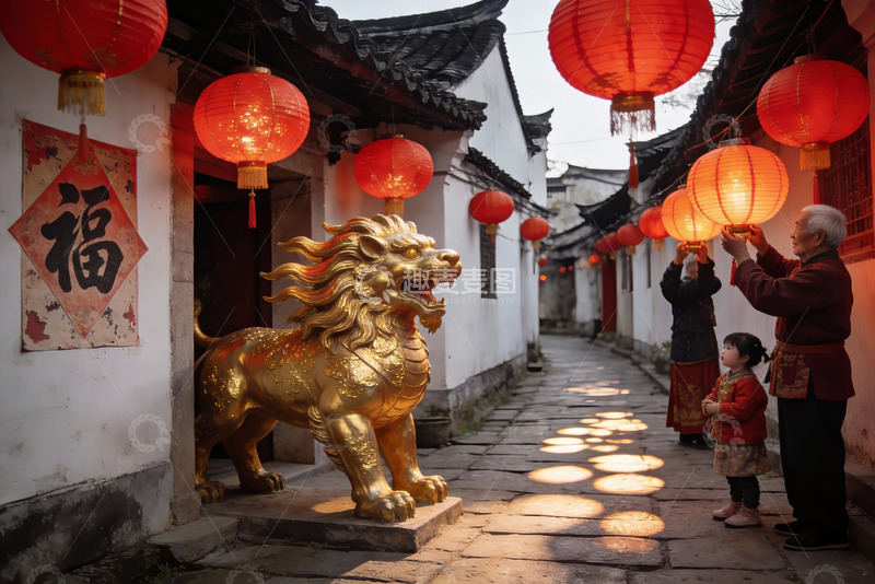 高清大图下载【趣麦麦图】古巷挂红灯笼金狮守门