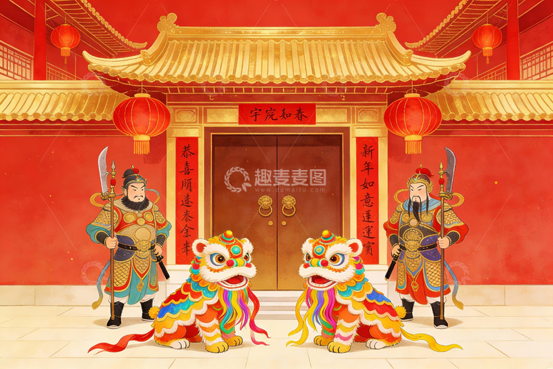 高清大图下载【趣麦麦图】春节庙会舞狮门神迎新年