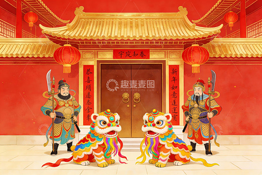 春节庙会舞狮门神迎新年