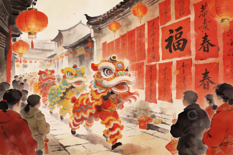 高清大图下载【趣麦麦图】春节舞狮街头热闹场景