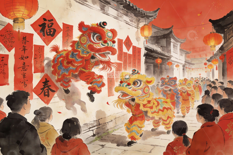 高清大图下载【趣麦麦图】春节舞狮热闹街景