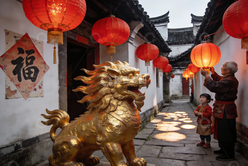 高清大图下载【趣麦麦图】古巷挂红灯笼祖孙共赏