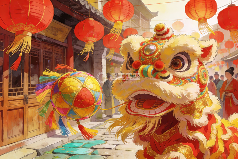高清大图下载【趣麦麦图】春节舞狮街头热闹场景
