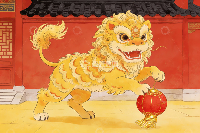 高清大图下载【趣麦麦图】舞狮手持红灯笼传统艺术