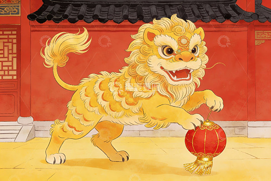 舞狮手持红灯笼传统艺术
