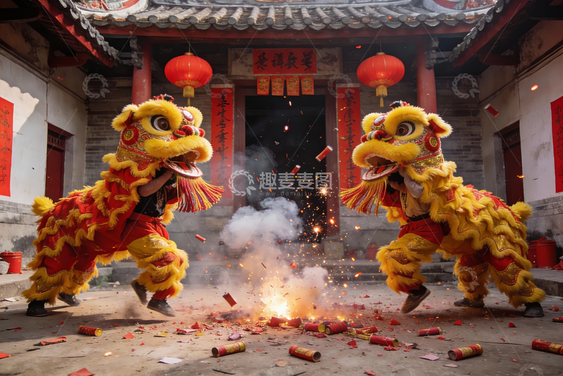 高清大图下载【趣麦麦图】舞狮表演烟花四溅