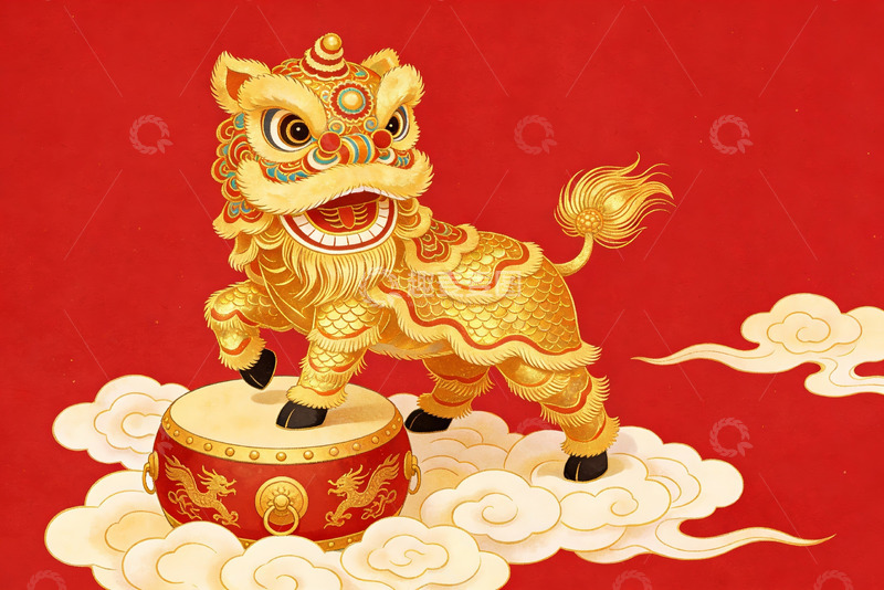 高清大图下载【趣麦麦图】金色舞狮踩鼓迎新春