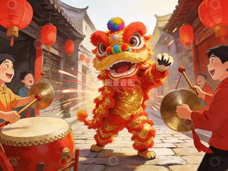 高清大图下载【趣麦麦图】舞狮表演热闹非凡