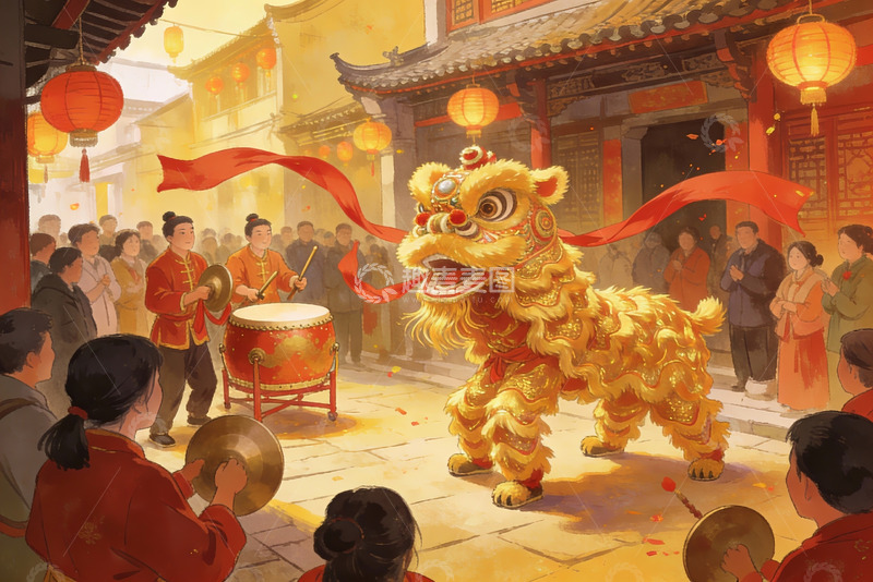 高清大图下载【趣麦麦图】热闹街巷舞狮表演欢庆场景