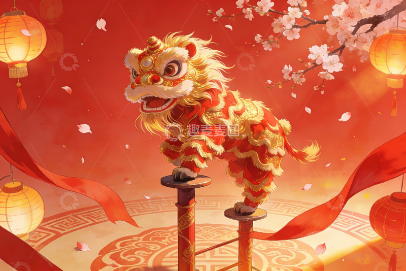 高清大图下载【趣麦麦图】舞狮表演喜庆红灯笼