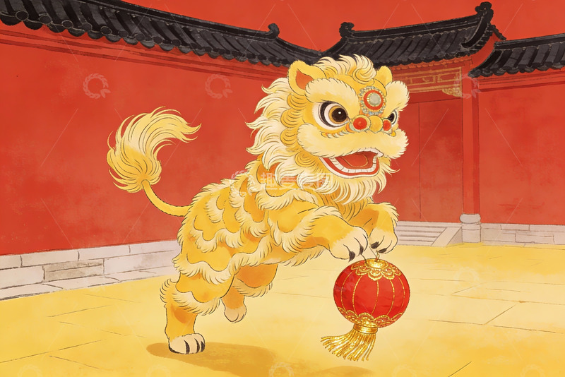 高清大图下载【趣麦麦图】舞狮迎春灯笼红