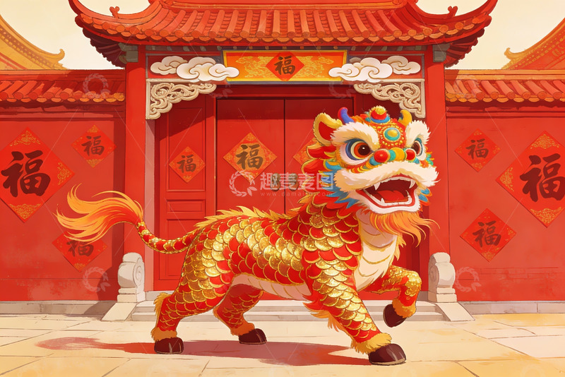 高清大图下载【趣麦麦图】红色建筑前的舞狮表演