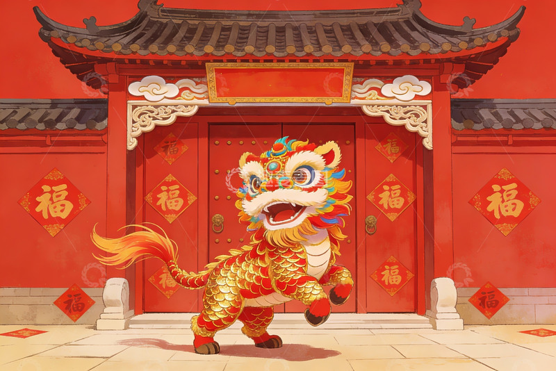 高清大图下载【趣麦麦图】春节舞狮迎祥瑞