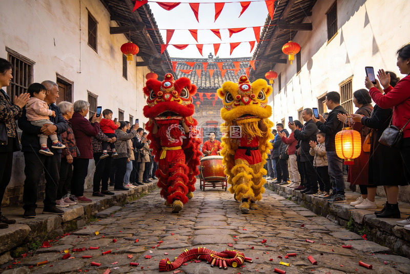 高清大图下载【趣麦麦图】古街舞狮表演热闹非凡