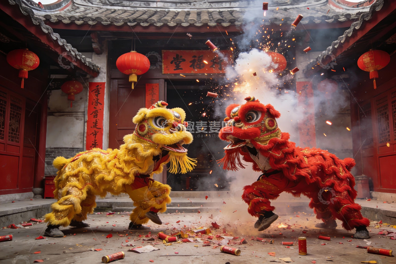 高清大图下载【趣麦麦图】传统舞狮表演燃放鞭炮