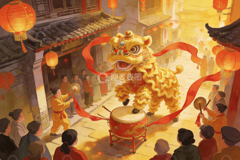 高清大图下载【趣麦麦图】传统舞狮表演热闹街景