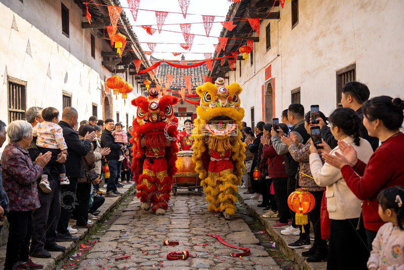 高清大图下载【趣麦麦图】古街舞狮表演热闹非凡