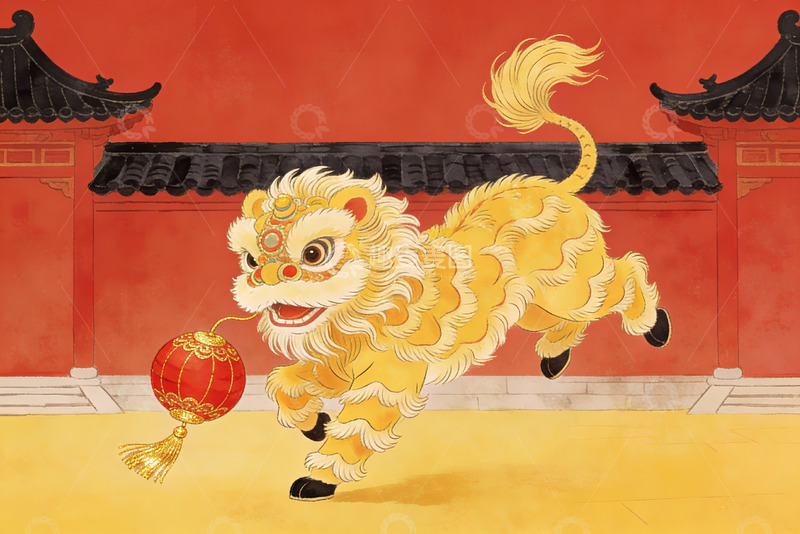 高清大图下载【趣麦麦图】舞狮迎春灯笼高挂