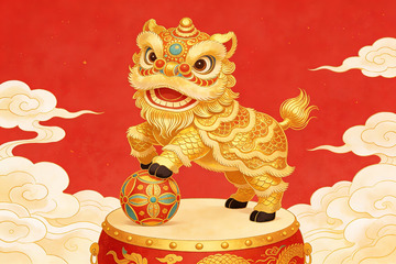 金色舞狮踩鼓迎祥瑞