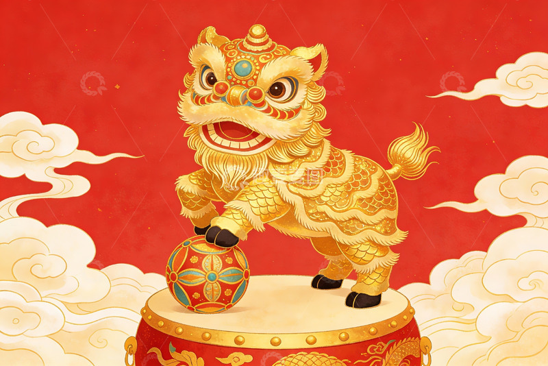 高清大图下载【趣麦麦图】金色舞狮踩鼓迎祥瑞