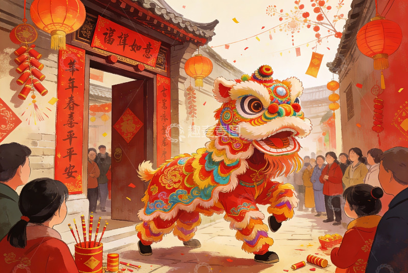 高清大图下载【趣麦麦图】春节舞狮热闹街景