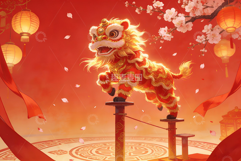 高清大图下载【趣麦麦图】舞狮表演喜庆红灯笼