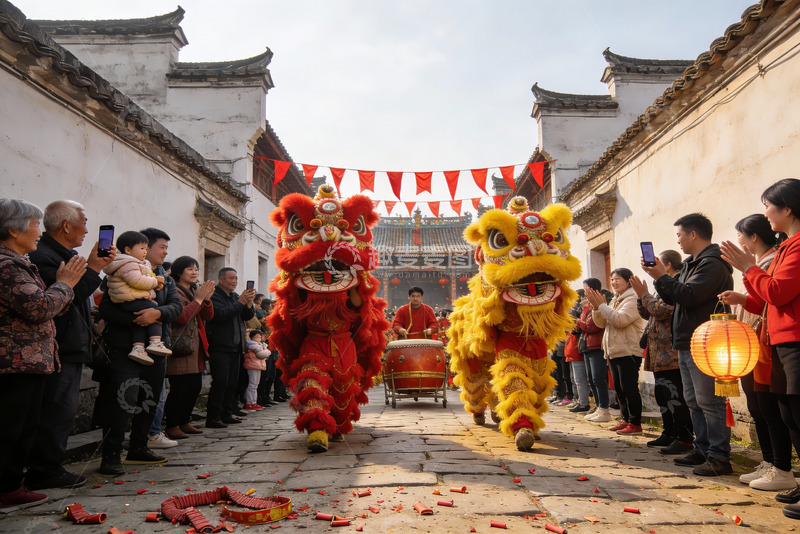 高清大图下载【趣麦麦图】古街舞狮表演热闹非凡