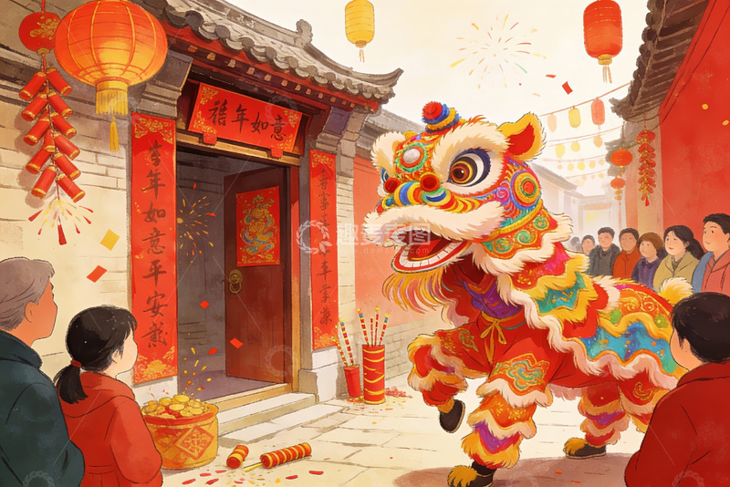 高清大图下载【趣麦麦图】春节舞狮热闹场景