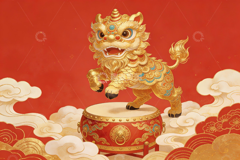 高清大图下载【趣麦麦图】金色舞狮击鼓迎新春