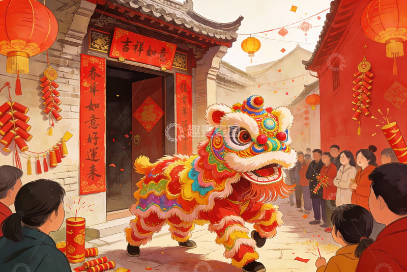 高清大图下载【趣麦麦图】春节舞狮热闹街景