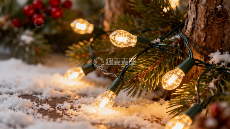 高清大图下载【趣麦麦图】雪地松枝灯串温暖光景