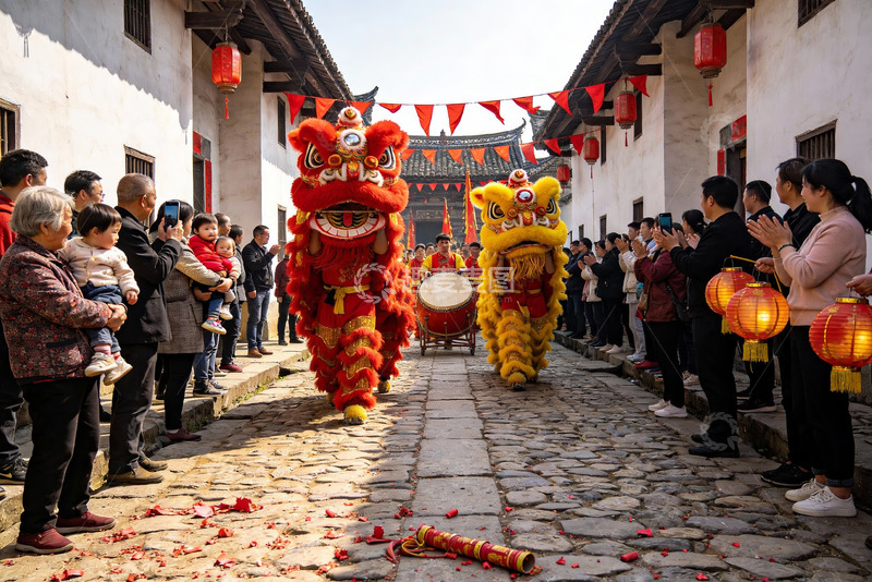 高清大图下载【趣麦麦图】古街舞狮表演热闹非凡