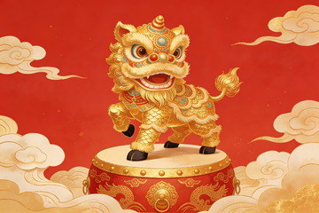 金色舞狮击鼓迎新春