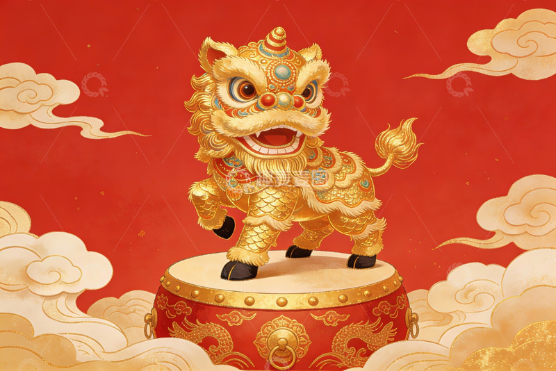 高清大图下载【趣麦麦图】金色舞狮击鼓迎新春