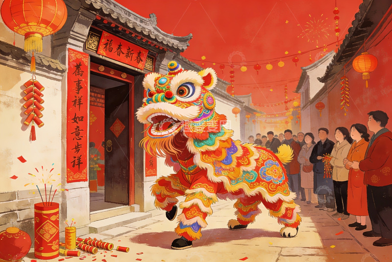 高清大图下载【趣麦麦图】春节舞狮热闹街景
