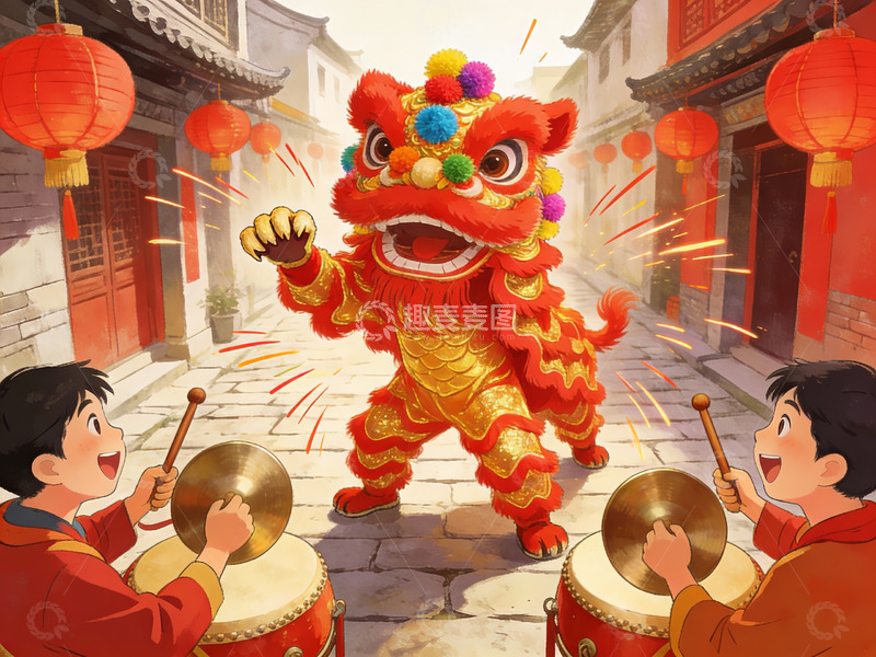 高清大图下载【趣麦麦图】舞狮表演热闹非凡