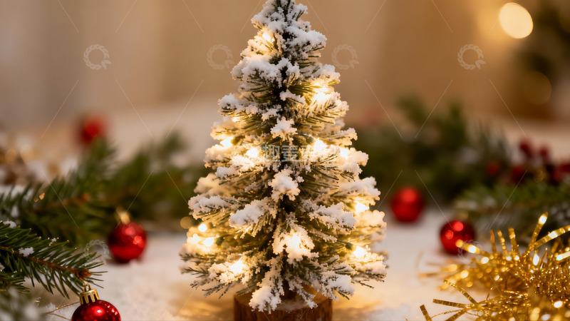 高清大图下载【趣麦麦图】雪覆圣诞树灯光闪烁