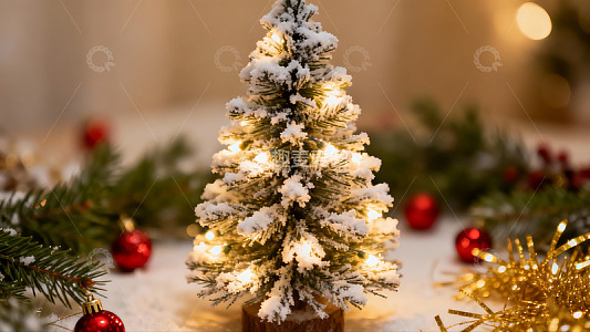 雪覆圣诞树灯光闪烁