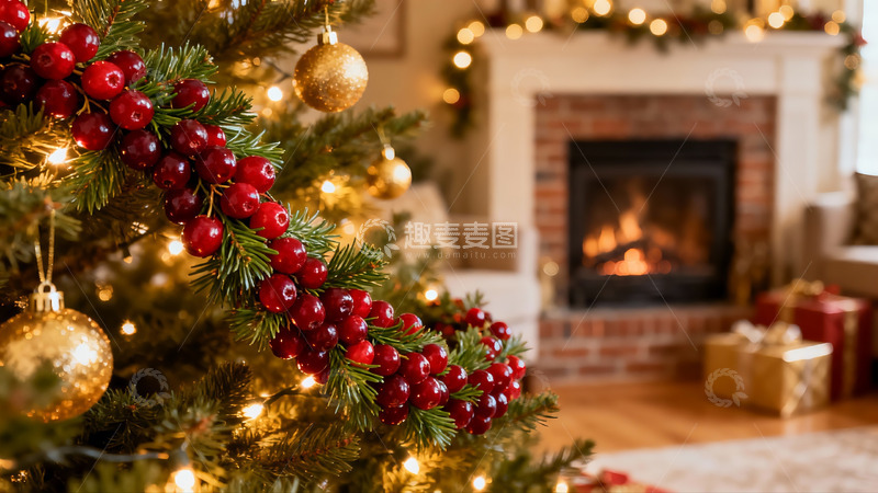 高清大图下载【趣麦麦图】圣诞树与壁炉的温馨节日场景