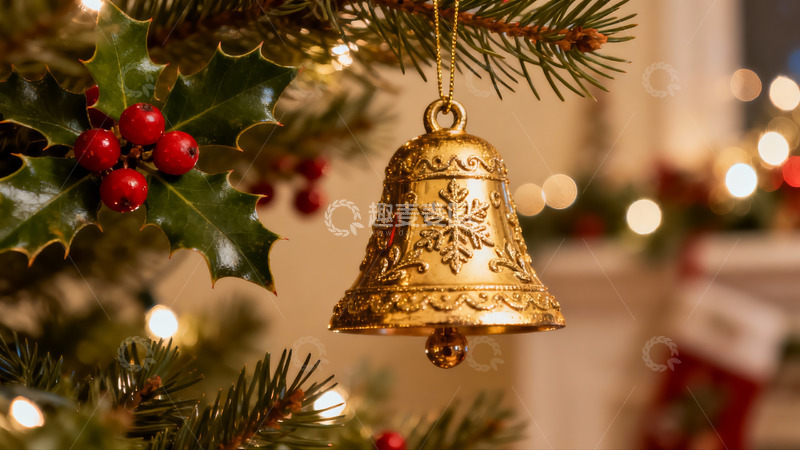 高清大图下载【趣麦麦图】圣诞树上的金色铃铛装饰