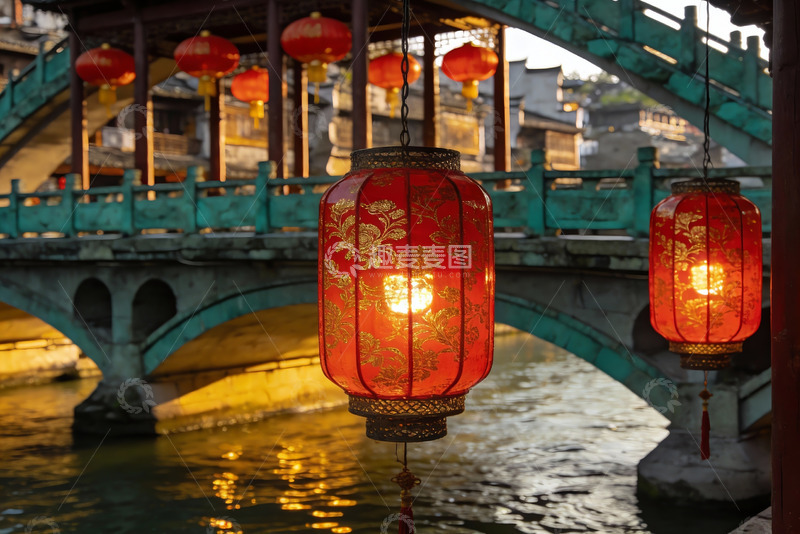 高清大图下载【趣麦麦图】古桥流水红灯笼