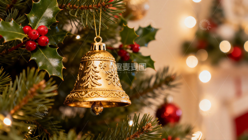 高清大图下载【趣麦麦图】圣诞树上的金色铃铛装饰