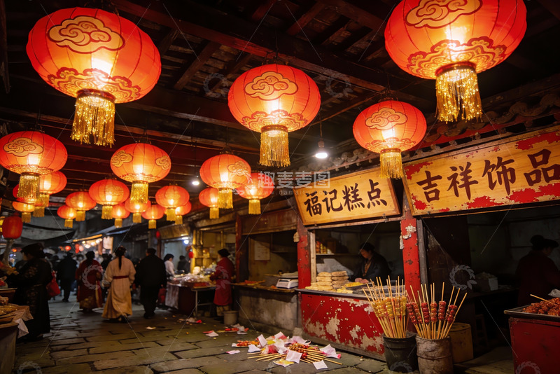 高清大图下载【趣麦麦图】古街夜市灯笼高挂热闹非凡