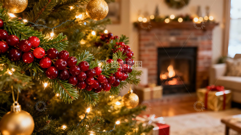 高清大图下载【趣麦麦图】圣诞树装饰与壁炉旁的温馨场景
