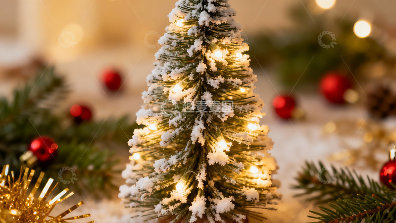 高清大图下载【趣麦麦图】雪覆圣诞树灯光闪烁